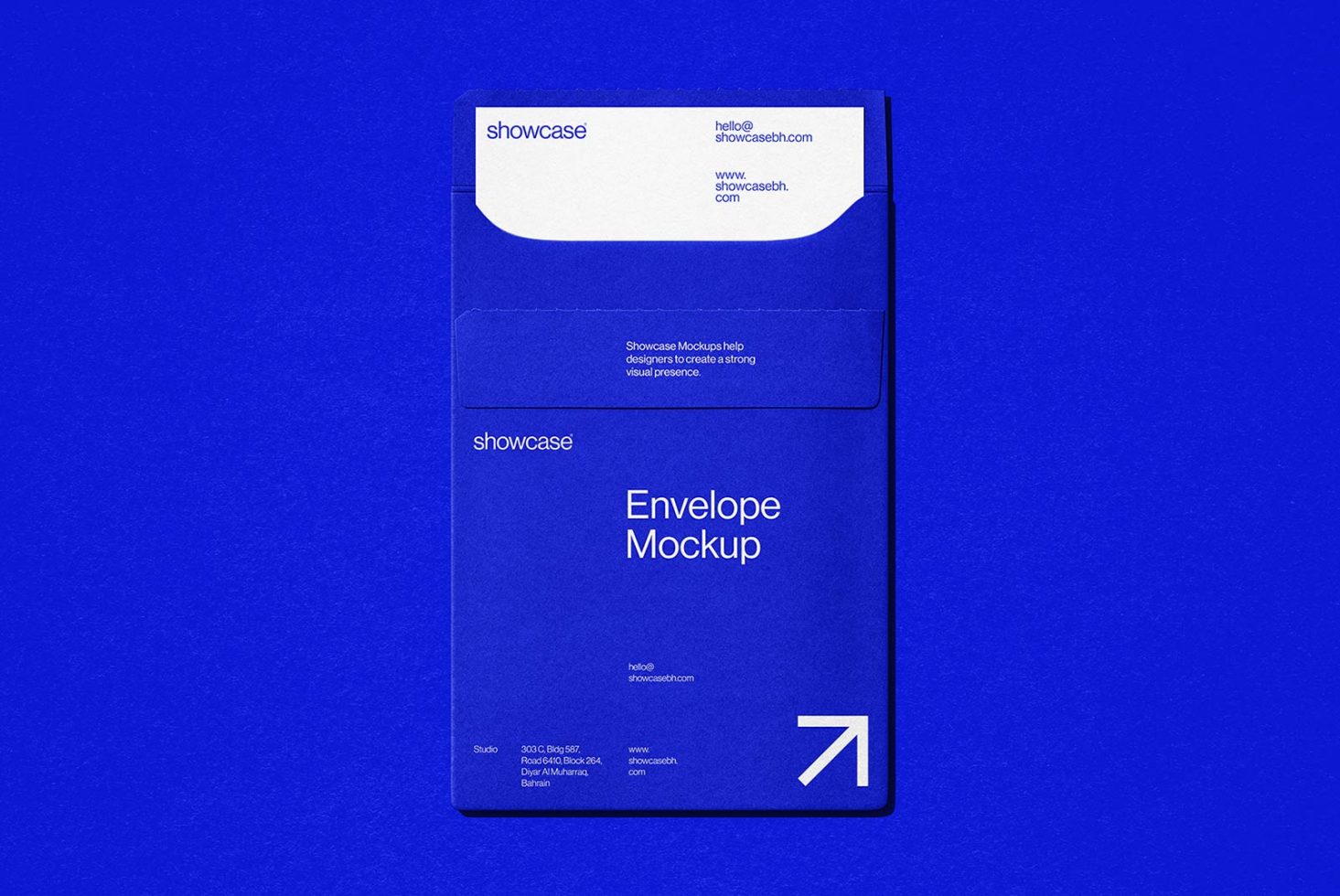 Professional envelope mockup in blue, showcasing branding identity for designers, ideal for presentations and digital assets.